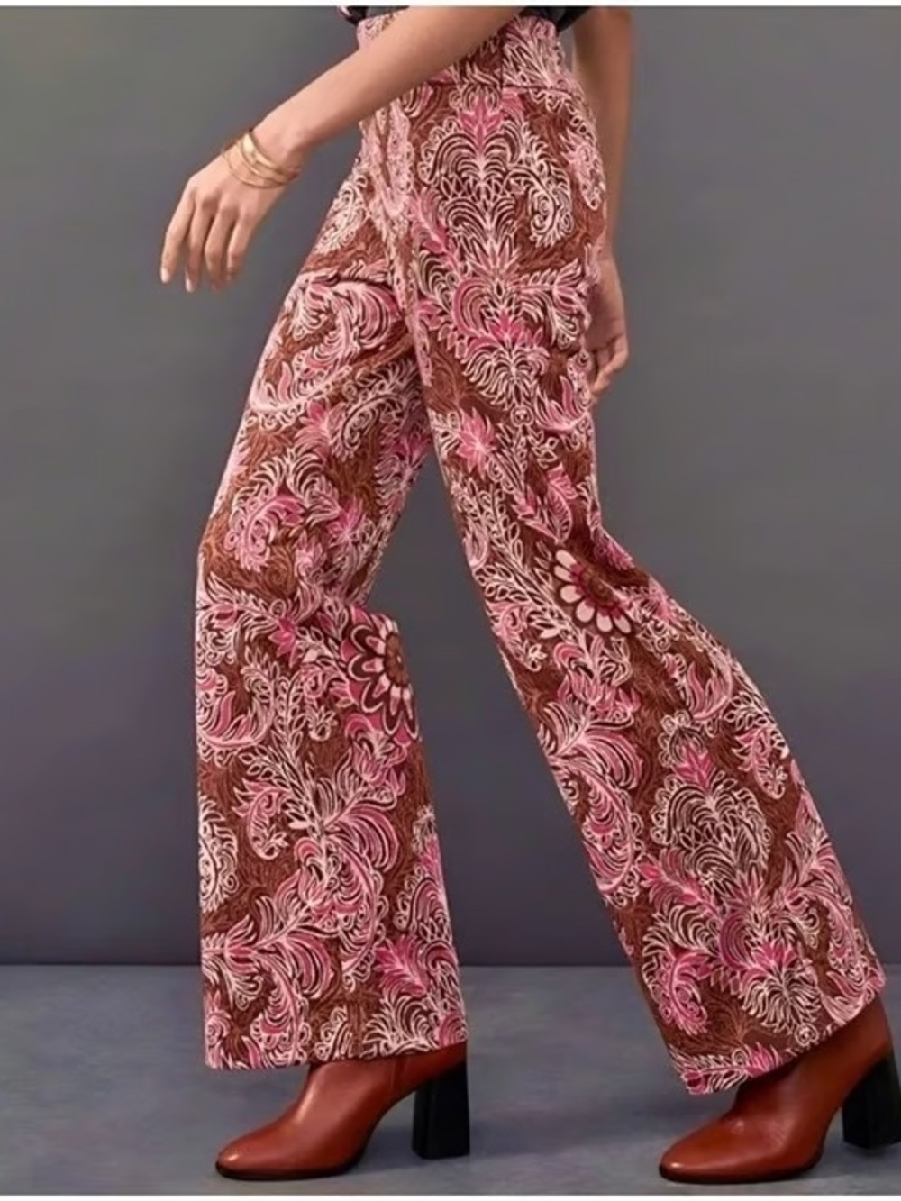 Maeve Anthropologie Maria Pink Paisley Metallic Jacquard Flare Pants Size 0